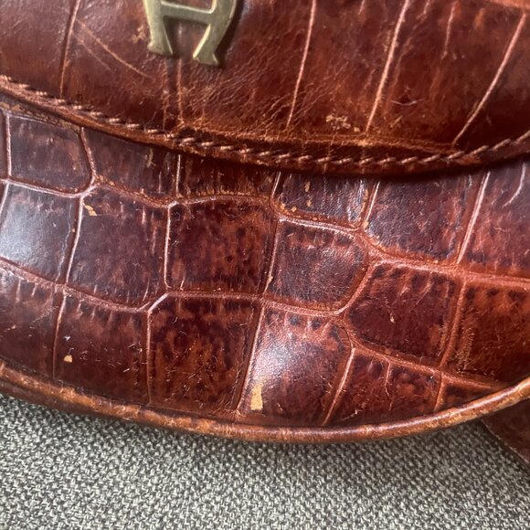 Aigner Dark Brown Croc Embossed Leather Logo Flap Crossbody Bag - Picture 7 of 8